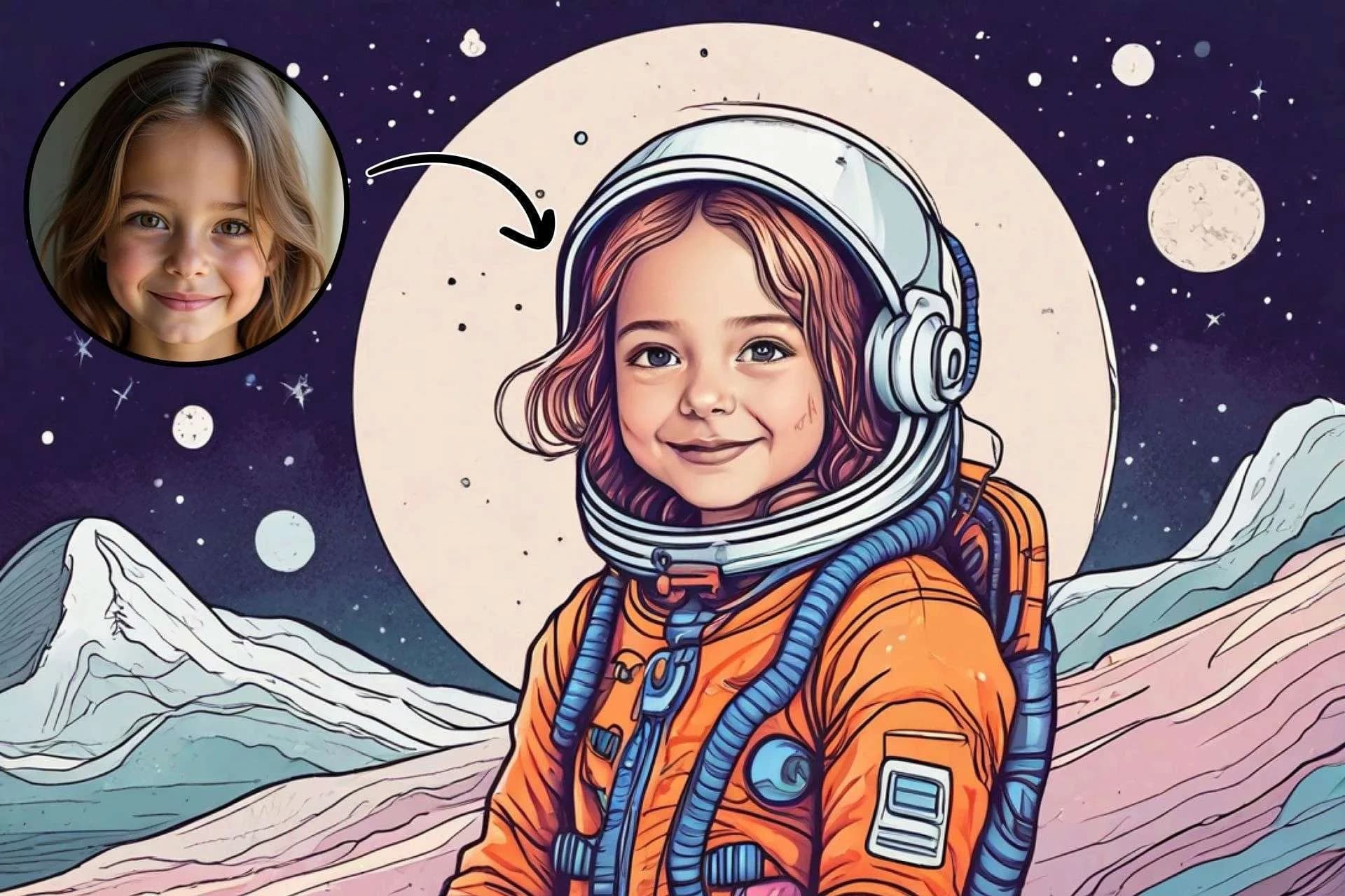 A child's photo turned into an illustrated astronaut portrait